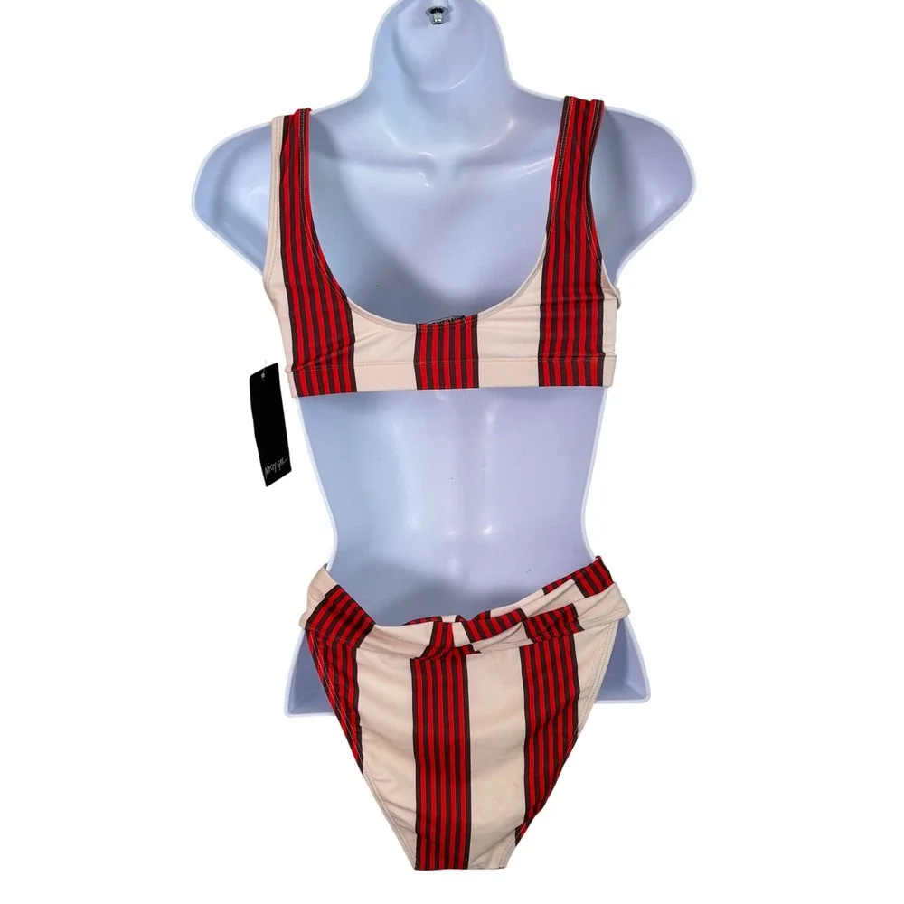 Nasty Gal Swimsuit Bikini The‎ Stripe Time Cream Red Sz 0 High Waist